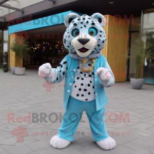 Sky Blue Cheetah mascot costume character dressed with a Cardigan and Cummerbunds