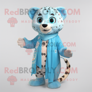 Sky Blue Cheetah mascot costume character dressed with a Cardigan and Cummerbunds