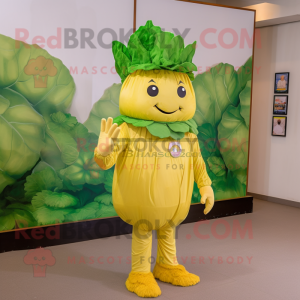 Gold Cabbage mascot costume character dressed with a Bootcut Jeans and Shoe clips