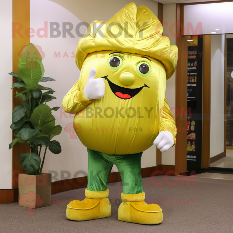 Gold Cabbage mascot costume character dressed with a Bootcut Jeans and Shoe clips