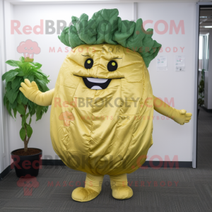 Gold Cabbage mascot costume character dressed with a Bootcut Jeans and Shoe clips