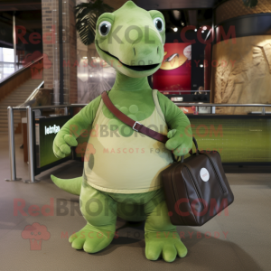 Olive Diplodocus mascot costume character dressed with a Mini Skirt and Backpacks