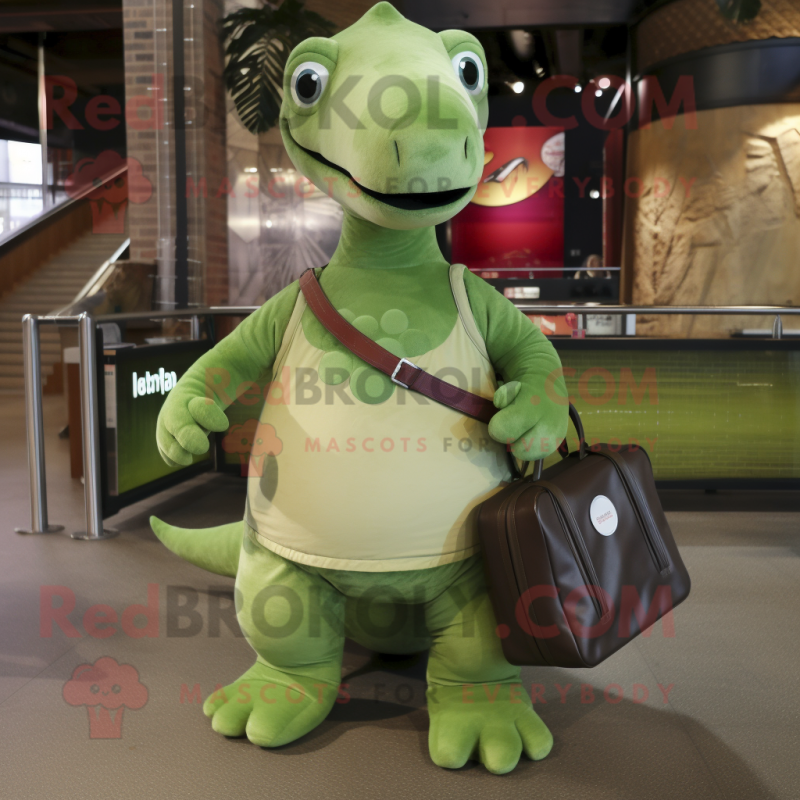 Olive Diplodocus mascot costume character dressed with a Mini Skirt and Backpacks Olive Diplodocus mascot costume character dressed with a Mini Skirt and Backpacks