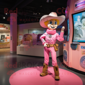 Pink Cowboy mascot costume character dressed with a Mom Jeans and Coin purses