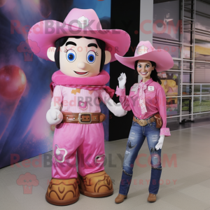 Pink Cowboy mascot costume character dressed with a Mom Jeans and Coin purses