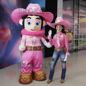 Pink Cowboy mascot costume character dressed with a Mom Jeans and Coin purses