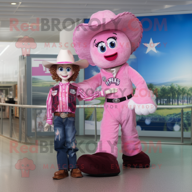 Pink Cowboy mascot costume character dressed with a Mom Jeans and Coin purses Pink Cowboy mascot costume character dressed with a Mom Jeans and Coin purses