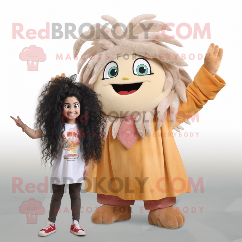 Tan Ceviche mascot costume character dressed with a Long Sleeve Tee and Hair clips Tan Ceviche mascot costume character dressed with a Long Sleeve Tee and Hair clips