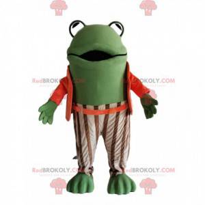 Maskotka zielona żaba z pomarańczowo-białym kostiumem w paski -