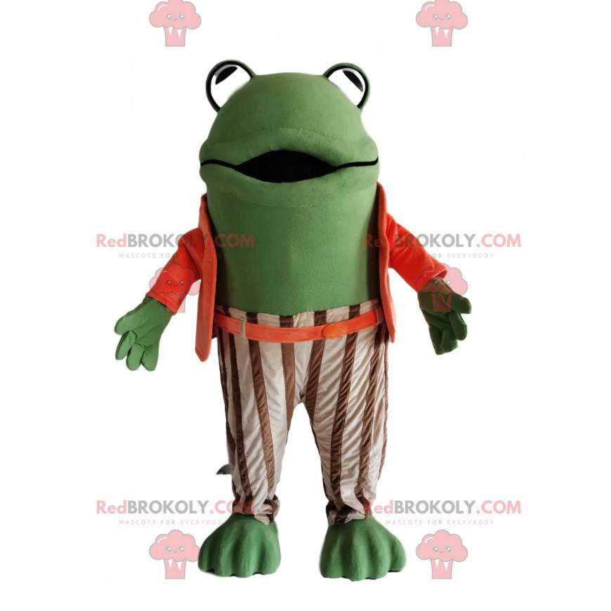 Green frog mascot with an orange and white striped costume -