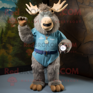 Blue Irish Elk mascot costume character dressed with a Corduroy Pants and Bracelet watches