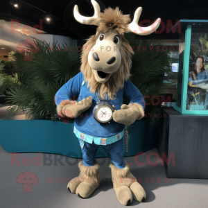 Blue Irish Elk mascot costume character dressed with a Corduroy Pants and Bracelet watches