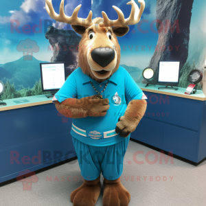 Blue Irish Elk mascot costume character dressed with a Corduroy Pants and Bracelet watches