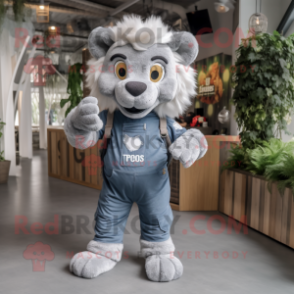 Gray Lion mascot costume character dressed with a Dungarees and Keychains