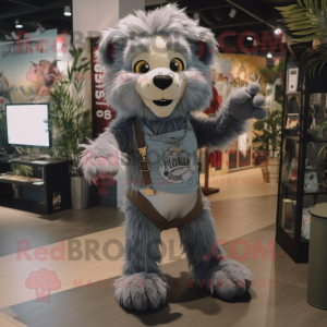 Gray Lion mascot costume character dressed with a Dungarees and Keychains