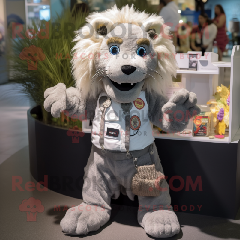 Gray Lion mascot costume character dressed with a Dungarees and Keychains