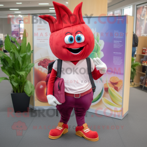 Red Onion mascot costume character dressed with a Bootcut Jeans and Wallets