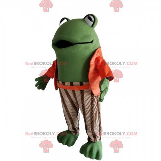 Green frog mascot with an orange and white striped costume -