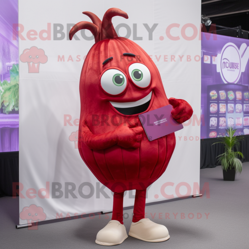 Red Onion mascot costume character dressed with a Bootcut Jeans and Wallets