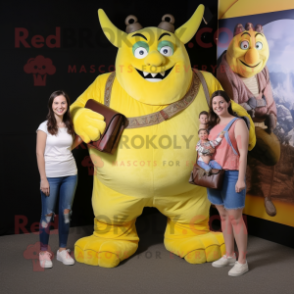 Lemon Yellow Ogre mascot costume character dressed with a Mom Jeans and Wallets