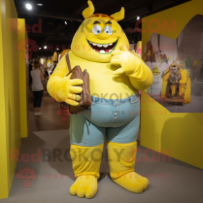 Lemon Yellow Ogre mascot costume character dressed with a Mom Jeans and Wallets