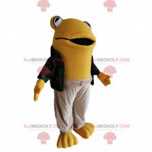 Gelbes Froschmaskottchen mit einem lässigen Outfit -