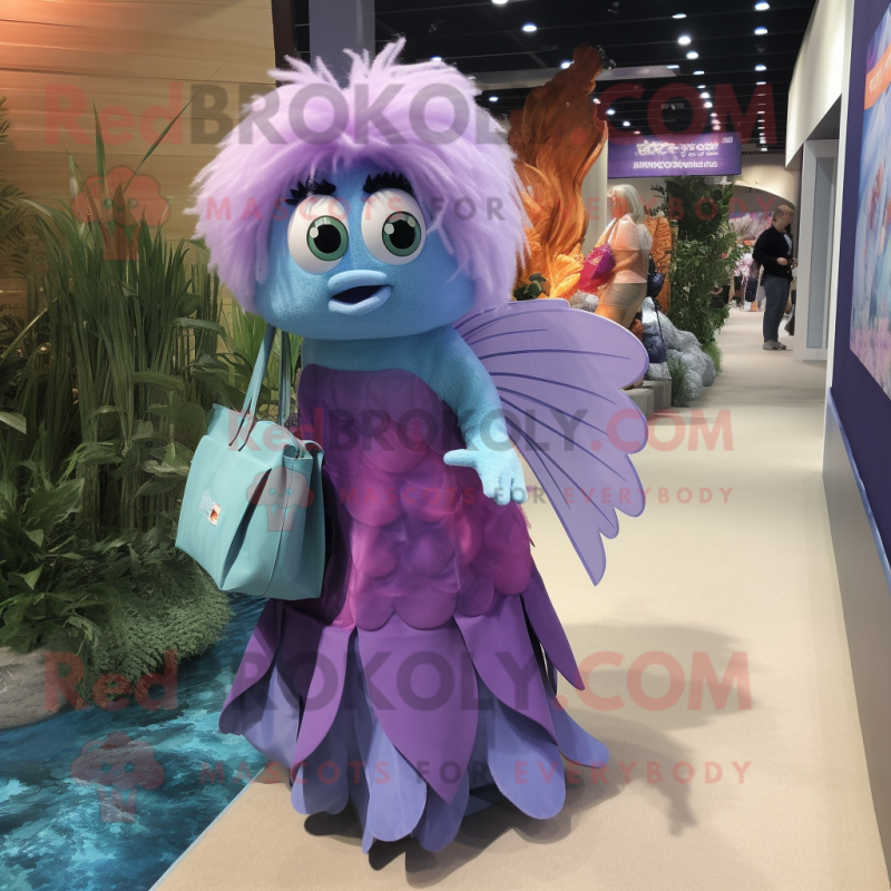 Lavender Betta Fish mascot costume character dressed with a Evening Gown and Tote bags