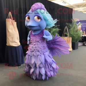 Lavender Betta Fish mascot costume character dressed with a Evening Gown and Tote bags