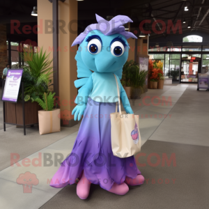 Lavender Betta Fish mascot costume character dressed with a Evening Gown and Tote bags