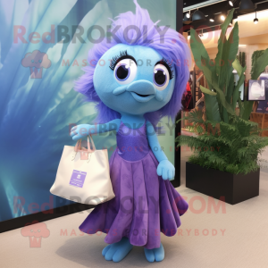 Lavender Betta Fish mascot costume character dressed with a Evening Gown and Tote bags