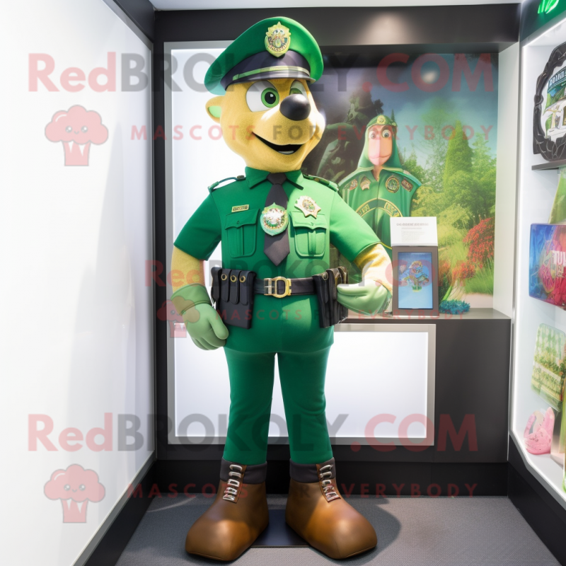 Green Police Officer mascot costume character dressed with a Bermuda Shorts and Brooches