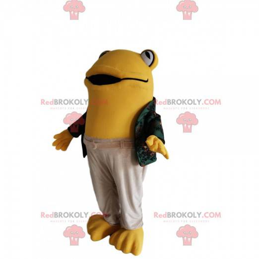 Gelbes Froschmaskottchen mit einem lässigen Outfit -