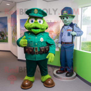 Green Police Officer mascot costume character dressed with a Bermuda Shorts and Brooches