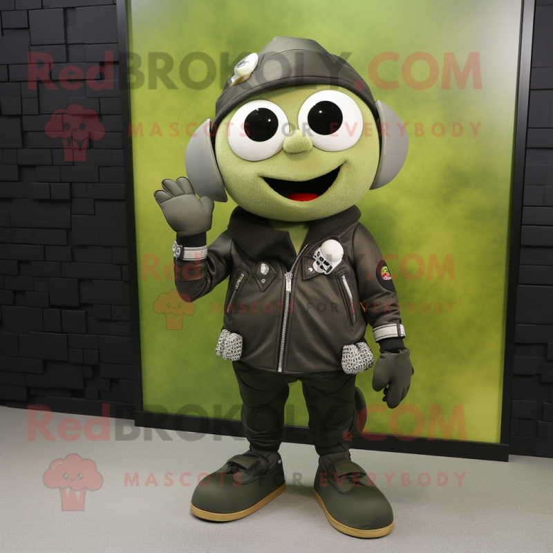 Olive Bracelet mascot costume character dressed with a Biker Jacket and Shoe clips Olive Bracelet mascot costume character dressed with a Biker Jacket and Shoe clips