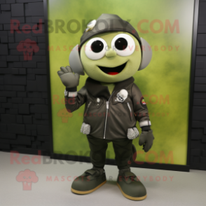Olive Bracelet mascot costume character dressed with a Biker Jacket and Shoe clips