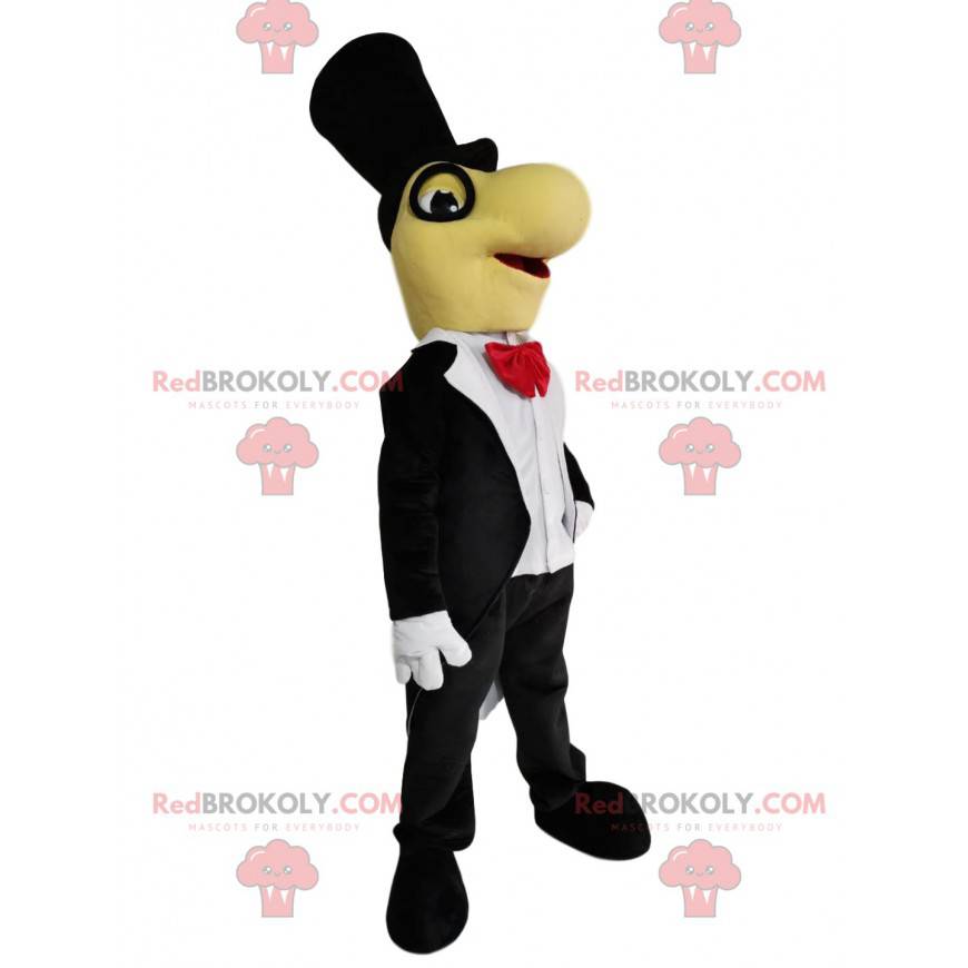 Mascote dino engraçado com uma fantasia preta e um laço Mascote dino engraçado com uma fantasia preta e um laço