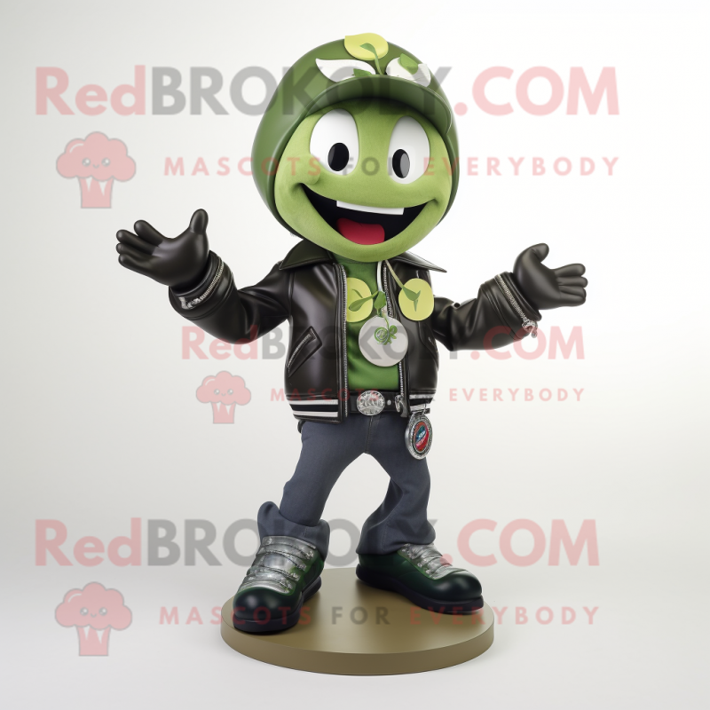 Olive Bracelet mascot costume character dressed with a Biker Jacket and Shoe clips Olive Bracelet mascot costume character dressed with a Biker Jacket and Shoe clips