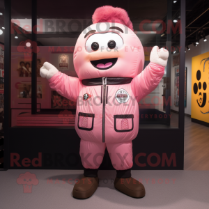 Pink Fried Rice mascot costume character dressed with a Bomber Jacket and Suspenders