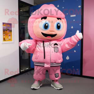 Pink Fried Rice mascot costume character dressed with a Bomber Jacket and Suspenders