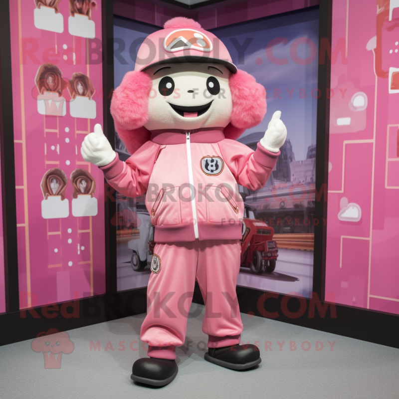Pink Fried Rice mascot costume character dressed with a Bomber Jacket and Suspenders Pink Fried Rice mascot costume character dressed with a Bomber Jacket and Suspenders