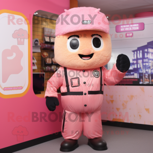 Pink Fried Rice mascot costume character dressed with a Bomber Jacket and Suspenders