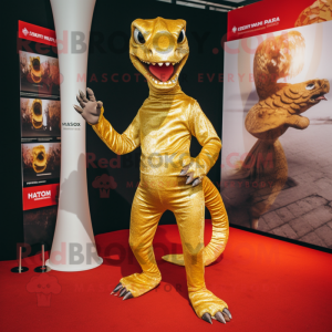 Gold Hydra mascot costume character dressed with a Trousers and Pocket squares