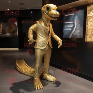 Gold Hydra mascot costume character dressed with a Trousers and Pocket squares