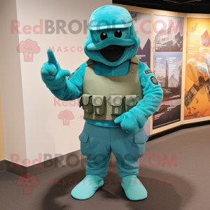 Turquoise Commando mascot costume character dressed with a Parka and Foot pads