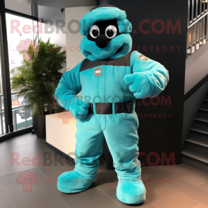 Turquoise Commando mascot costume character dressed with a Parka and Foot pads