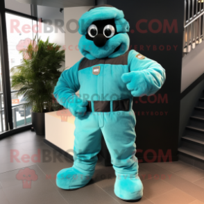 Turquoise Commando mascot costume character dressed with a Parka and Foot pads