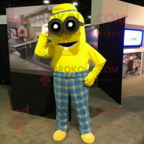 Lemon Yellow Camera mascot costume character dressed with a Flannel Shirt and Cufflinks