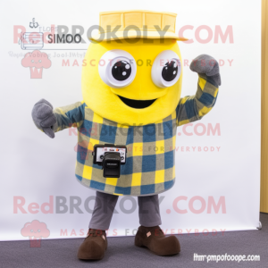 Lemon Yellow Camera mascot costume character dressed with a Flannel Shirt and Cufflinks