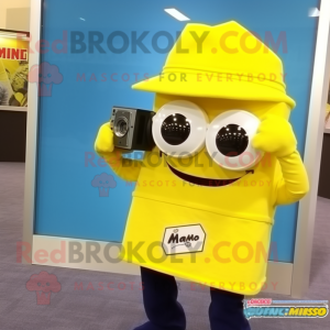 Lemon Yellow Camera mascot costume character dressed with a Flannel Shirt and Cufflinks