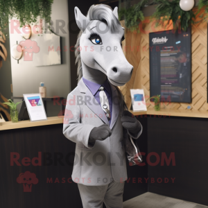 Gray Mare mascot costume character dressed with a Suit Jacket and Bracelets